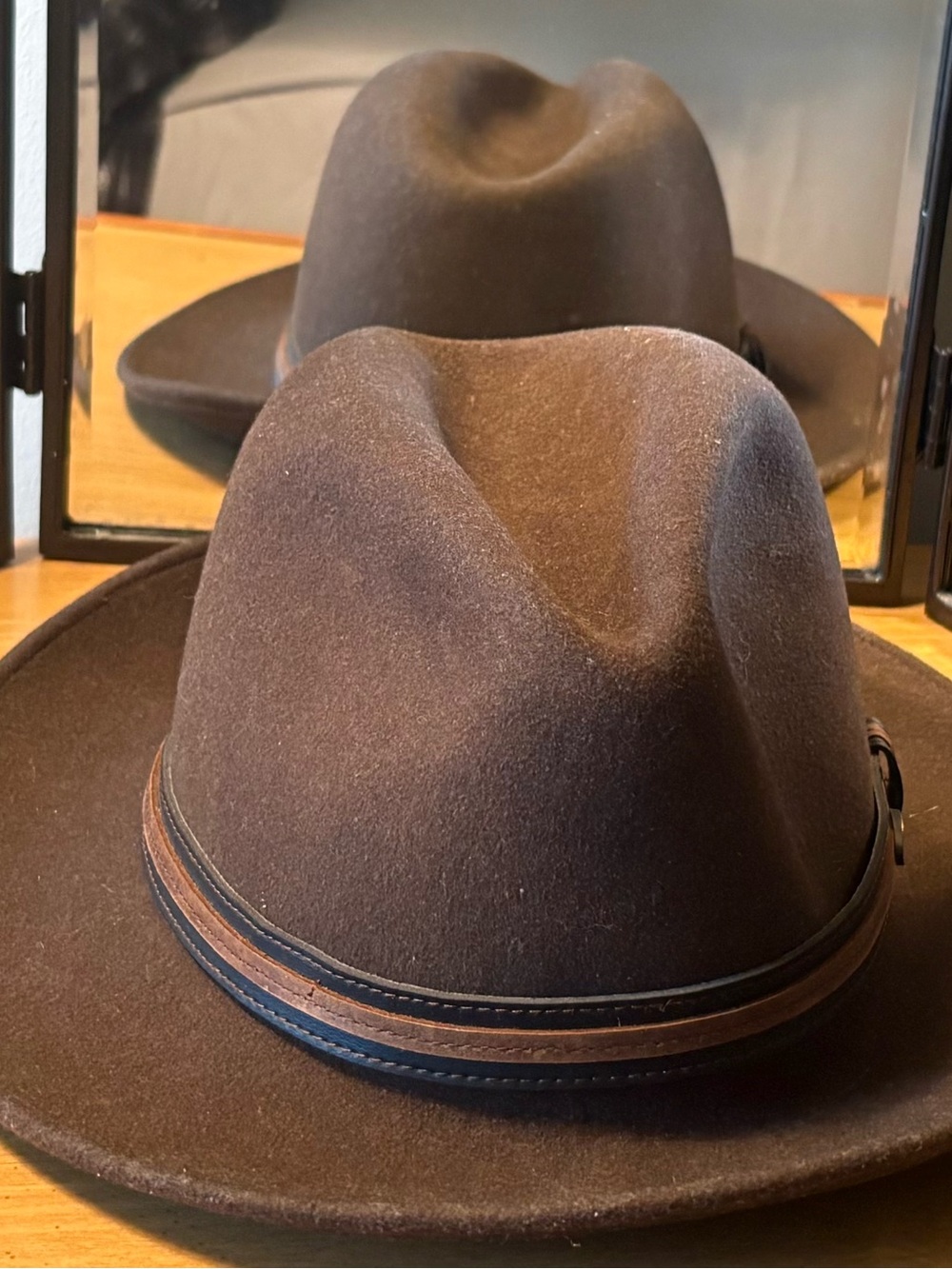 Brown Wool Fedora Hat with Leather Trim